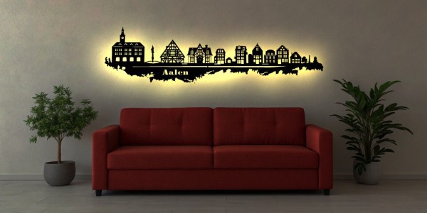 LED Wandbild Aalen Stadt Skyline aus Holz 